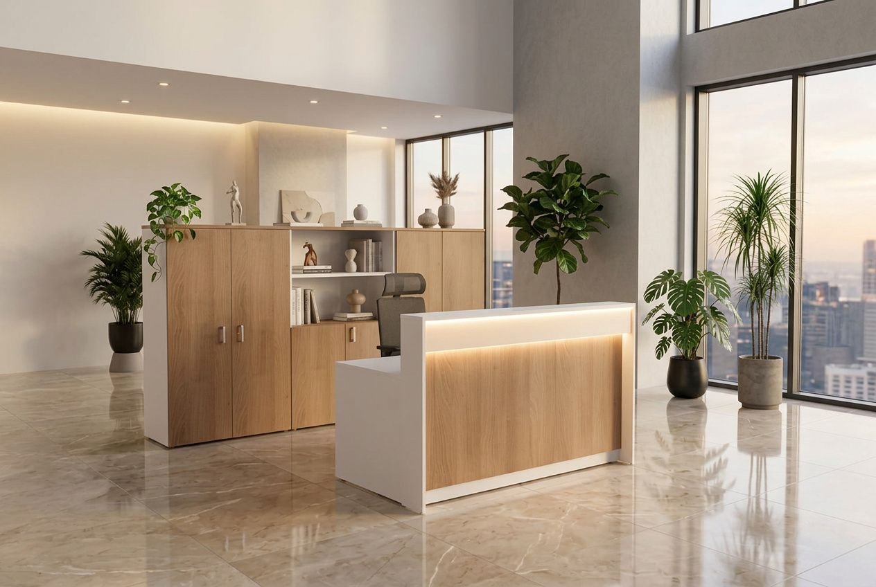 Réception lumineuse et moderne avec un éclairage bureau productivité luminaires: bureau blanc et bois, plantes, harmonie lumineuse et vue urbaine.