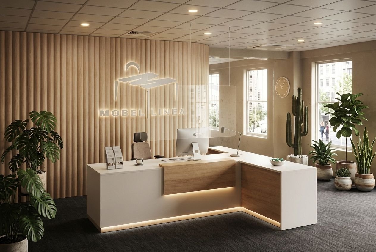 Réception moderne avec comptoir blanc et bois, éclairage d’ambiance, plantes d’intérieur et logo lumineux “MOBEL UNEA” à l’arrière.