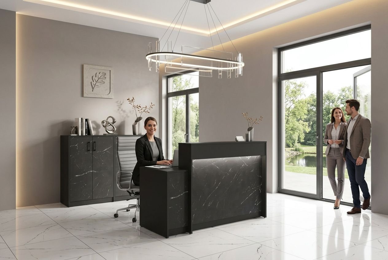 Réception moderne d’agence immobilière avec une hôtesse au desk et deux clients discutant à l’entrée, style élégant et lumineux. Accueil agence immobiliere.