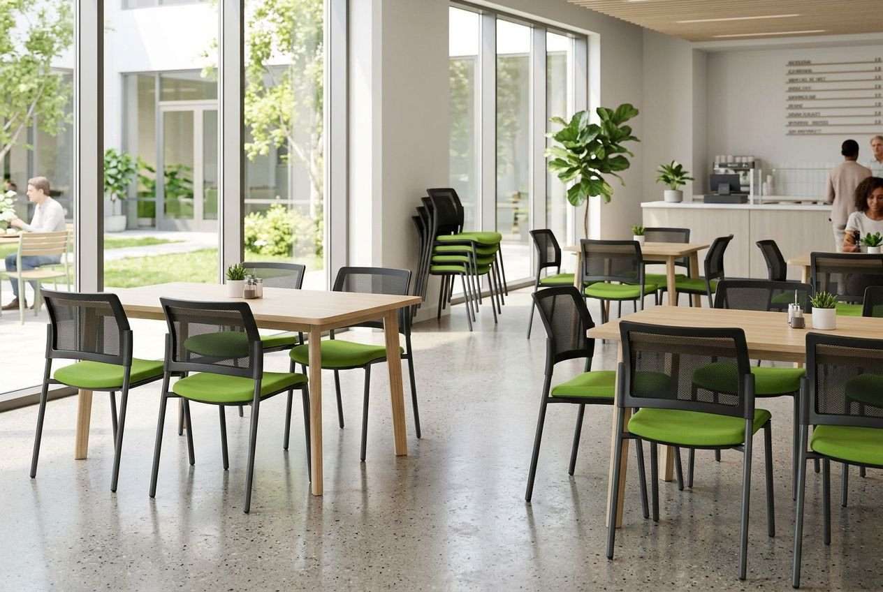 Salle cafétéria d’entreprise lumineuse avec tables en bois et chaises à assises vertes, coin buffet en arrière-plan. comment aménager une cafétéria