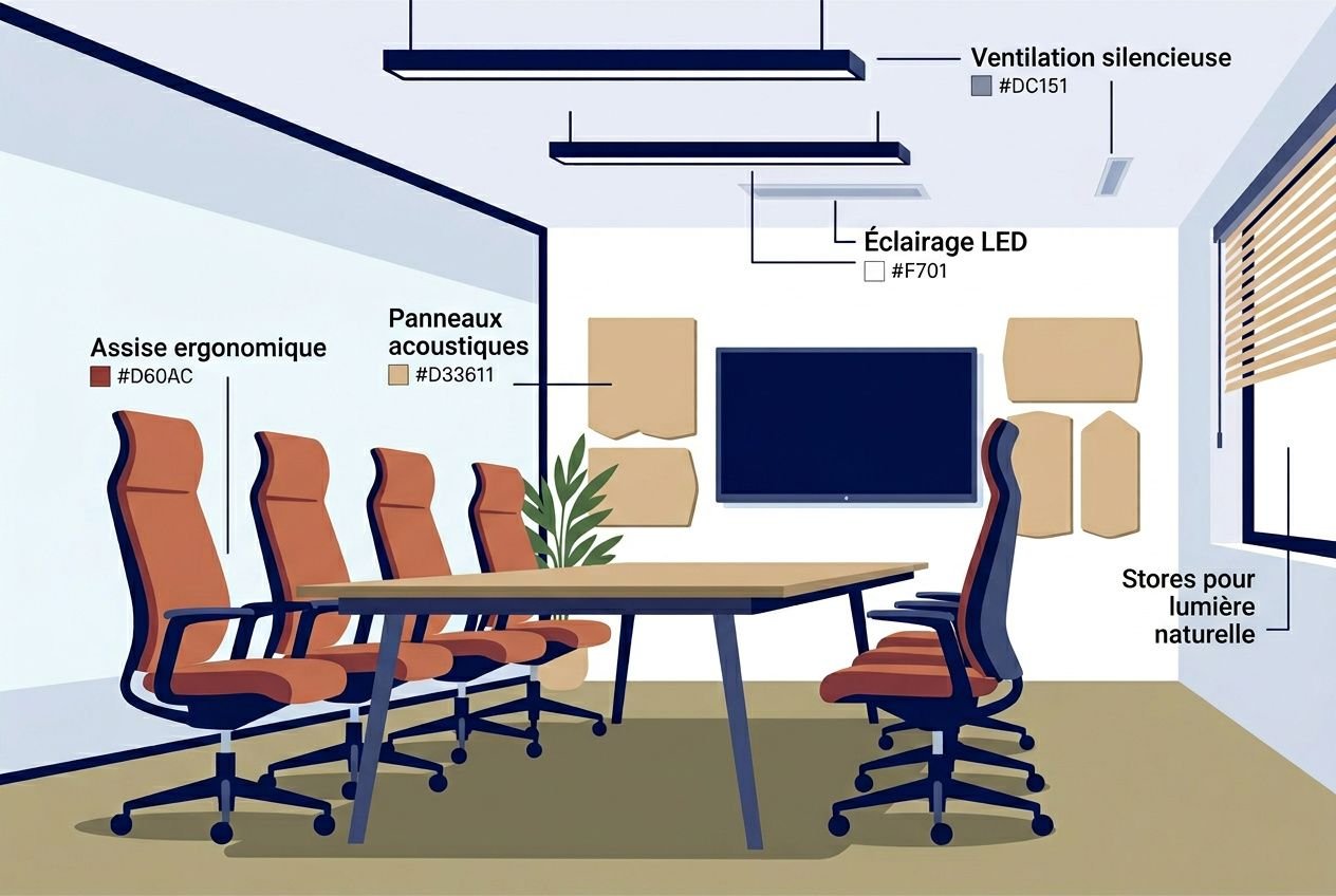 Salle de conférence moderne avec table ovale et chaises ergonomiques orange, écran mural et panneaux acoustiques. éléments lumineux et stores. intégré le sujet: comment aménager une salle de conférence.