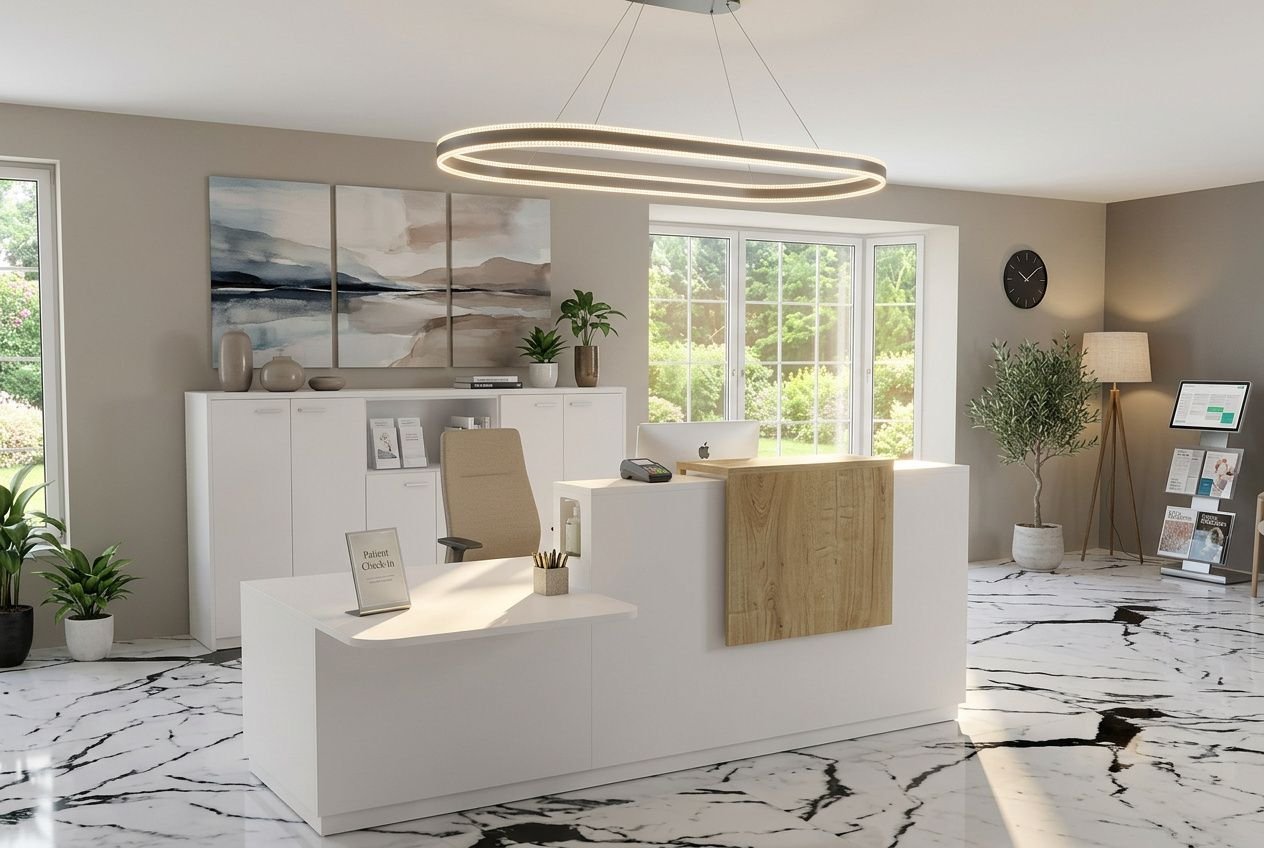 Salle d'attente cabinet médical moderne avec réception blanche, siège beige et mobilier ergonomique, décor calme et lumineux.