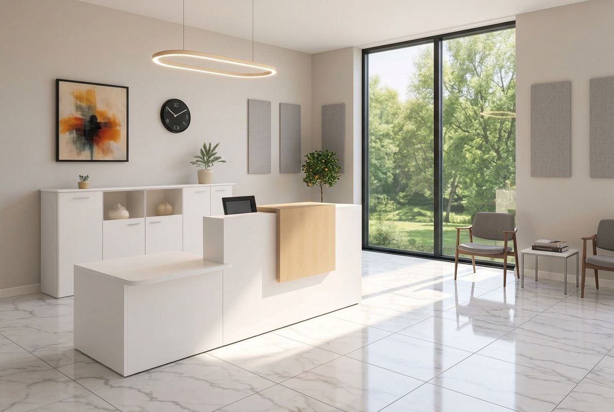 Salle d'attente lumineuse et moderne dans un cabinet avocat, mobilier blanc et réception avec un dessus en bois.