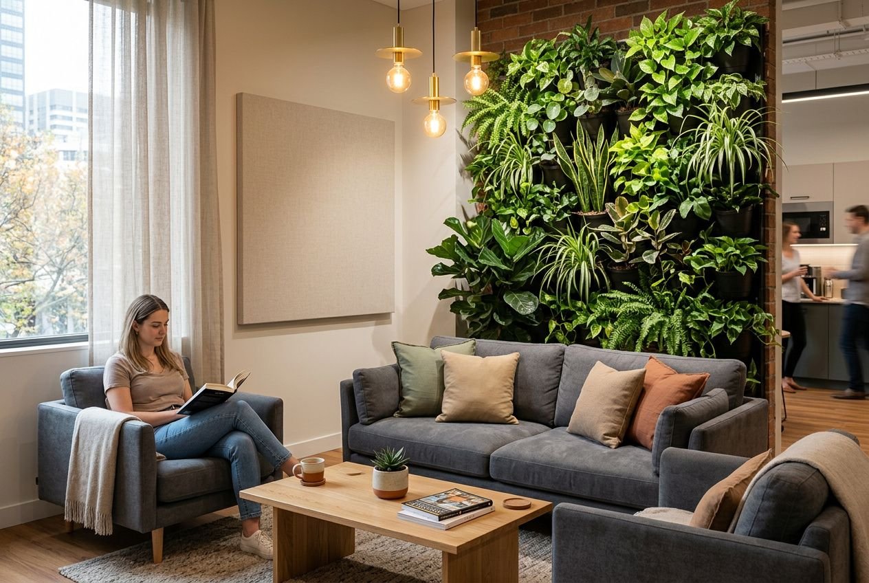 Salle de pause en entreprise avec canapé gris, fauteuils et table basse en bois, cadre vert vertical et lumière chaude. Personne lisant sur un fauteuil. Aménagement favorable au bien-être et à la détente.