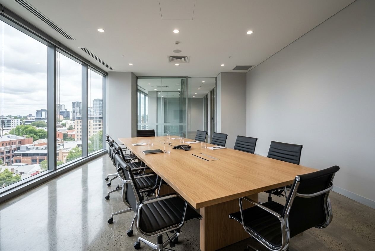 Salle de réunion contemporaine avec grande table en bois et chaises noires autour, vue sur la ville par de grandes fenêtres. Acoustique et éclairage adaptés.