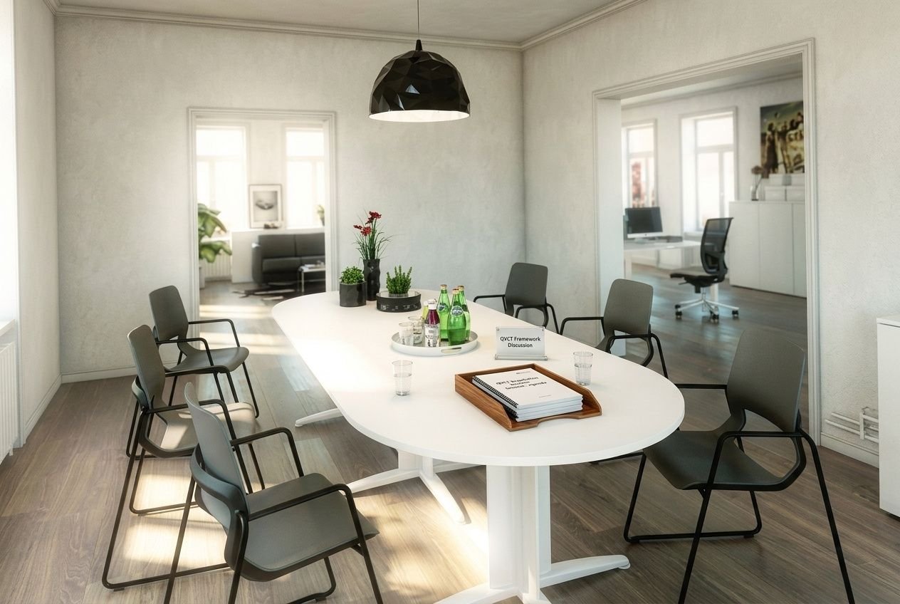 Salle de réunion lumineuse avec table ronde, fichiers et bouteilles d’eau, ambiance professionnelle et espace de travail collaboratif. Contenu lié à la qualité de vie au travail obligation employeur.