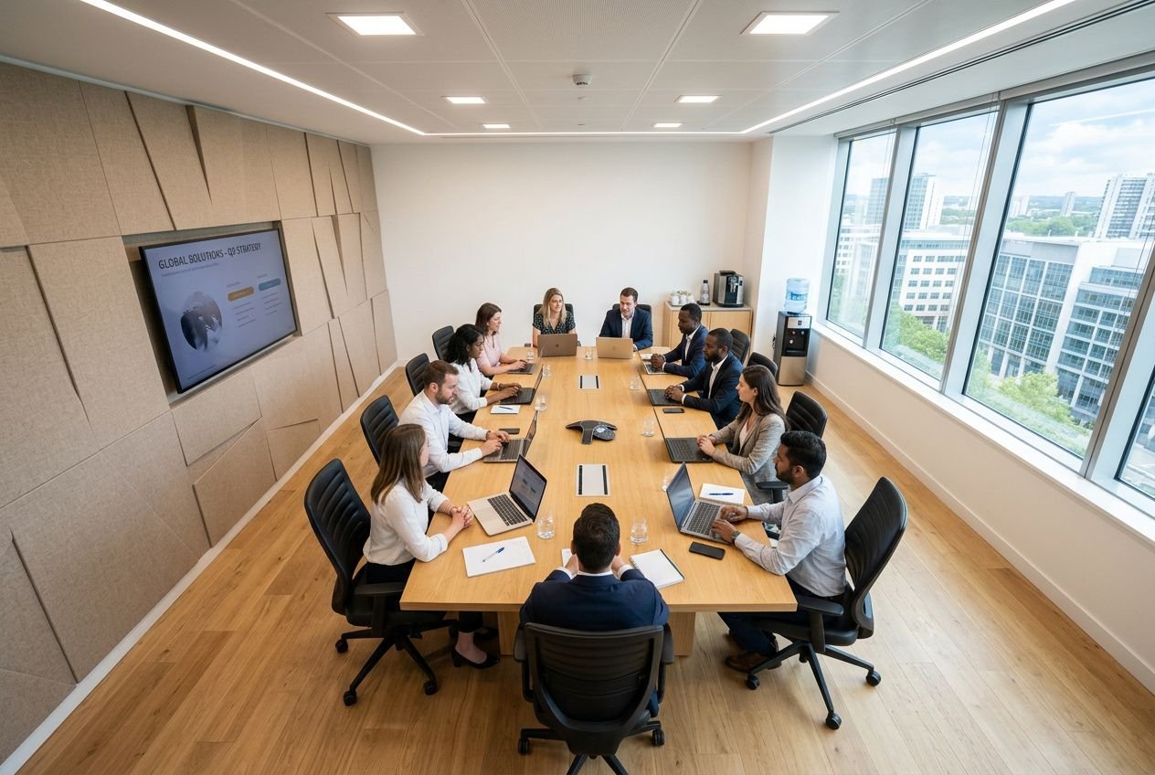 Salle de réunion moderne avec 12 participants autour d’une longue table, laptops et notes, ambiance professionnelle et lumineuse pour un aménagement salle réunion ergonomique