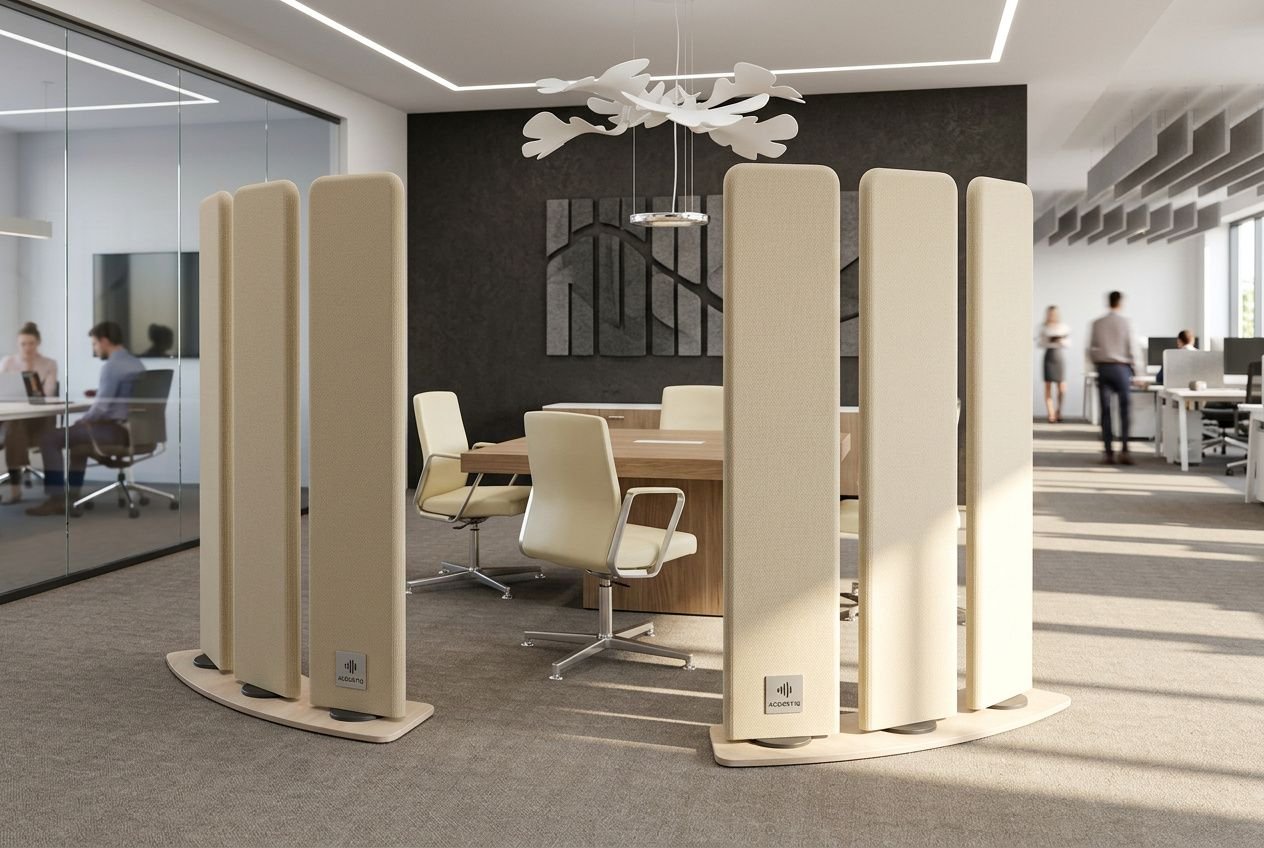 Salle de réunion moderne entourée de paravents acoustiques beige, tables et chaises élégantes, ambiance ouverte et lumineuse. les 5 formes de flexibilité du travail est évoqué.