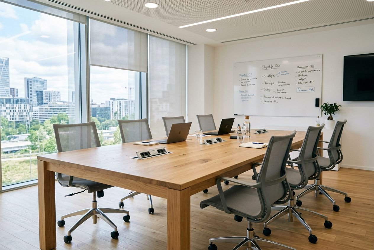 Salle de réunion moderne avec une grande table en bois entourée de chaises ergonomiques sur roulettes; écran et whiteboard au mur, vue extérieure.
