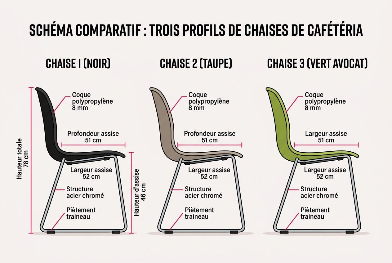 Schéma comparatif des trois profils de chaises de cafétéria : chaise 1 noir, chaise 2 taupe et chaise 3 vert avocat, avec mesures et composants comme coques, assises, structure et piètement