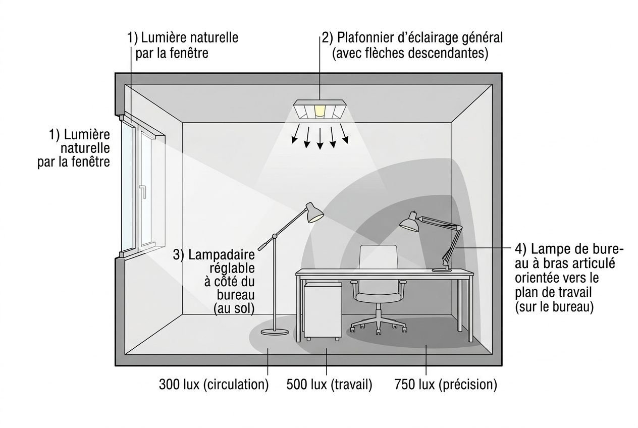 Schéma d’éclairage en bureau montrant l’éclairage naturel par la fenêtre, plafonnier, lampe de bureau à côté du bureau et lampe orientée vers le plan de travail; niveaux de lux 300 (circulation), 500 (travail) et 750 (précision). Intégration naturelle de la norme éclairage dans les bureaux.