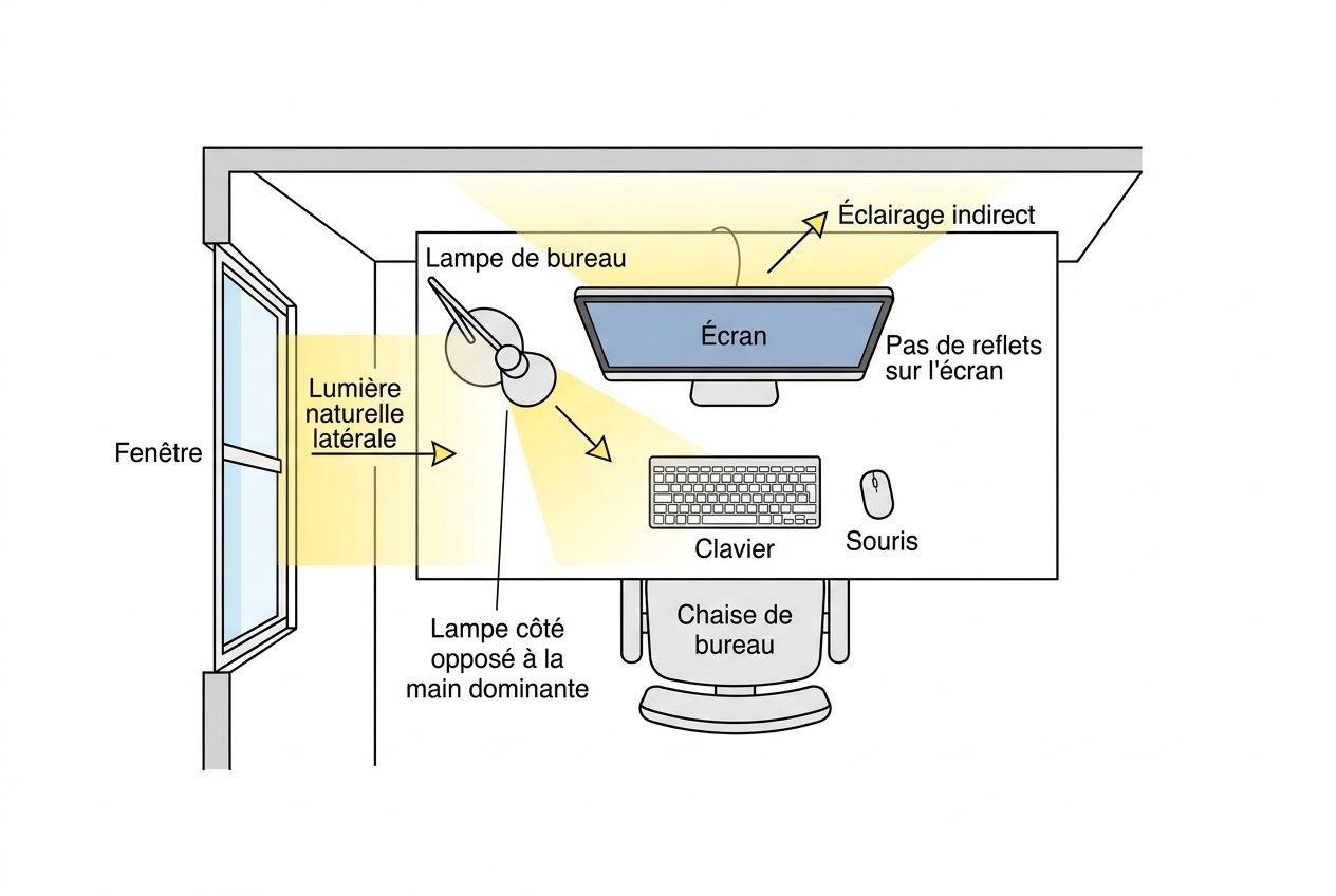 Schéma d’éclairage bureau télétravail: lampe de bureau et éclairage indirect éclairant le espace de travail sans reflets sur l’écran.