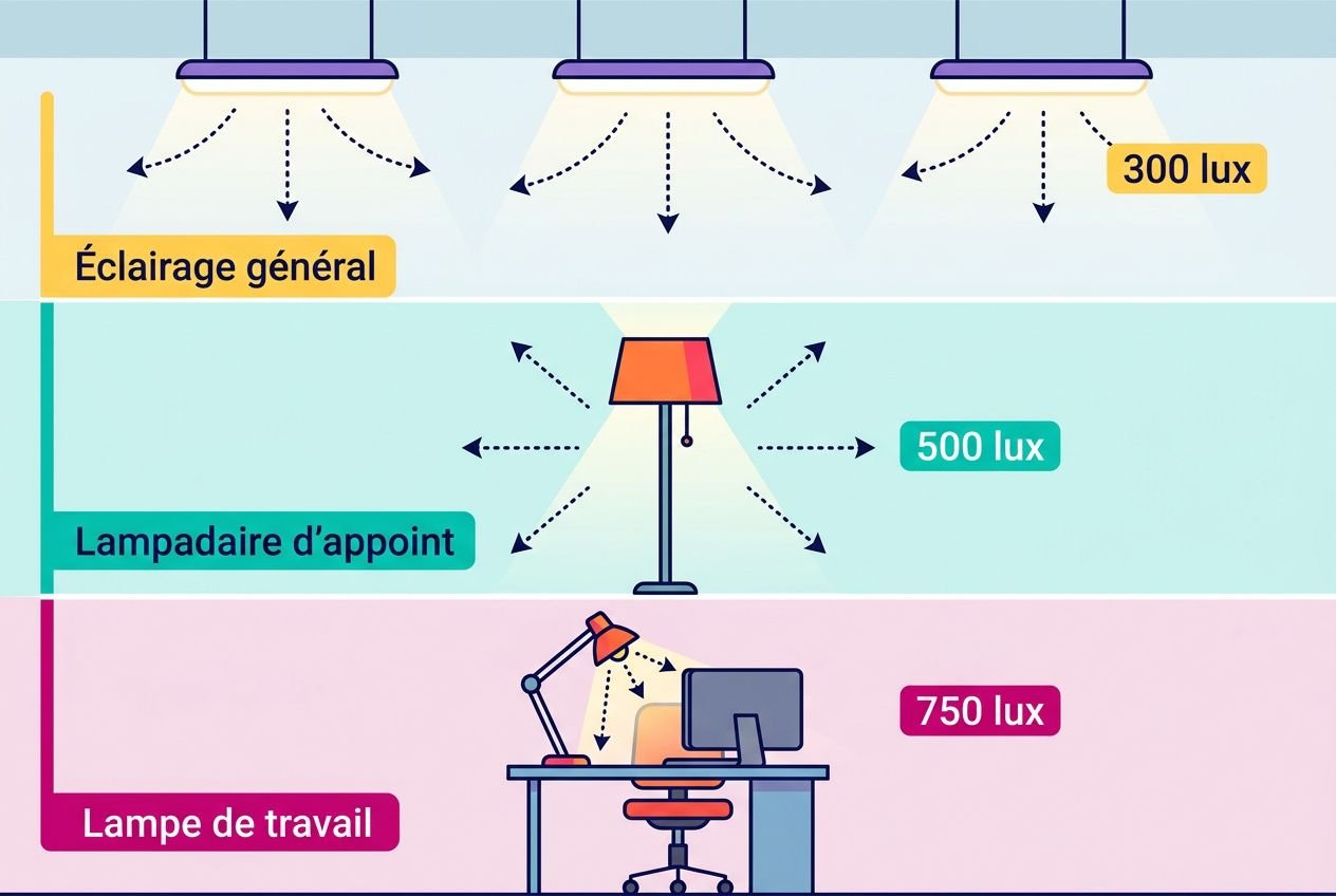Schéma d’éclairage: éclairage général avec 300 lux, lampe d’appoint 500 lux et lampe de travail 750 lux, pour démontrer des niveaux lumineux au bureau. Intégration de la norme éclairage dans les bureaux.