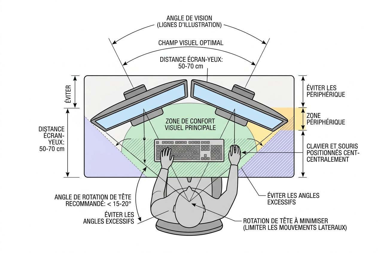 Schéma ergonomique montrant une posture bureautique idéale: assis droit, écran à distance 50–70 cm, clavier et souris centralisés, angles de tête et rotation limités pour réduire les TMS.