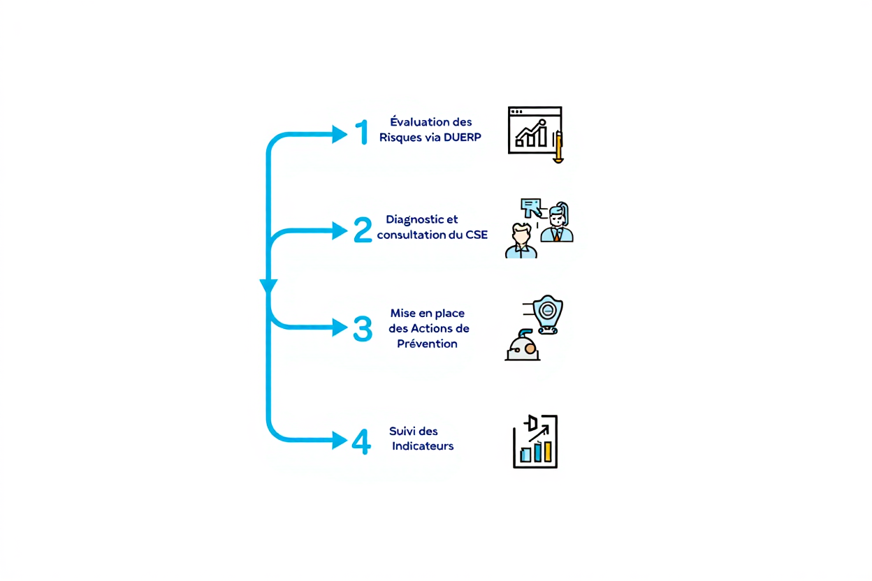 Schéma illustrant les 4 étapes de la QVCT: évaluation des risques via DUERP, diagnostic et consultation du CSE, mise en place des actions de prévention et suivi des indicateurs. Qualité de vie au travail obligation employeur.