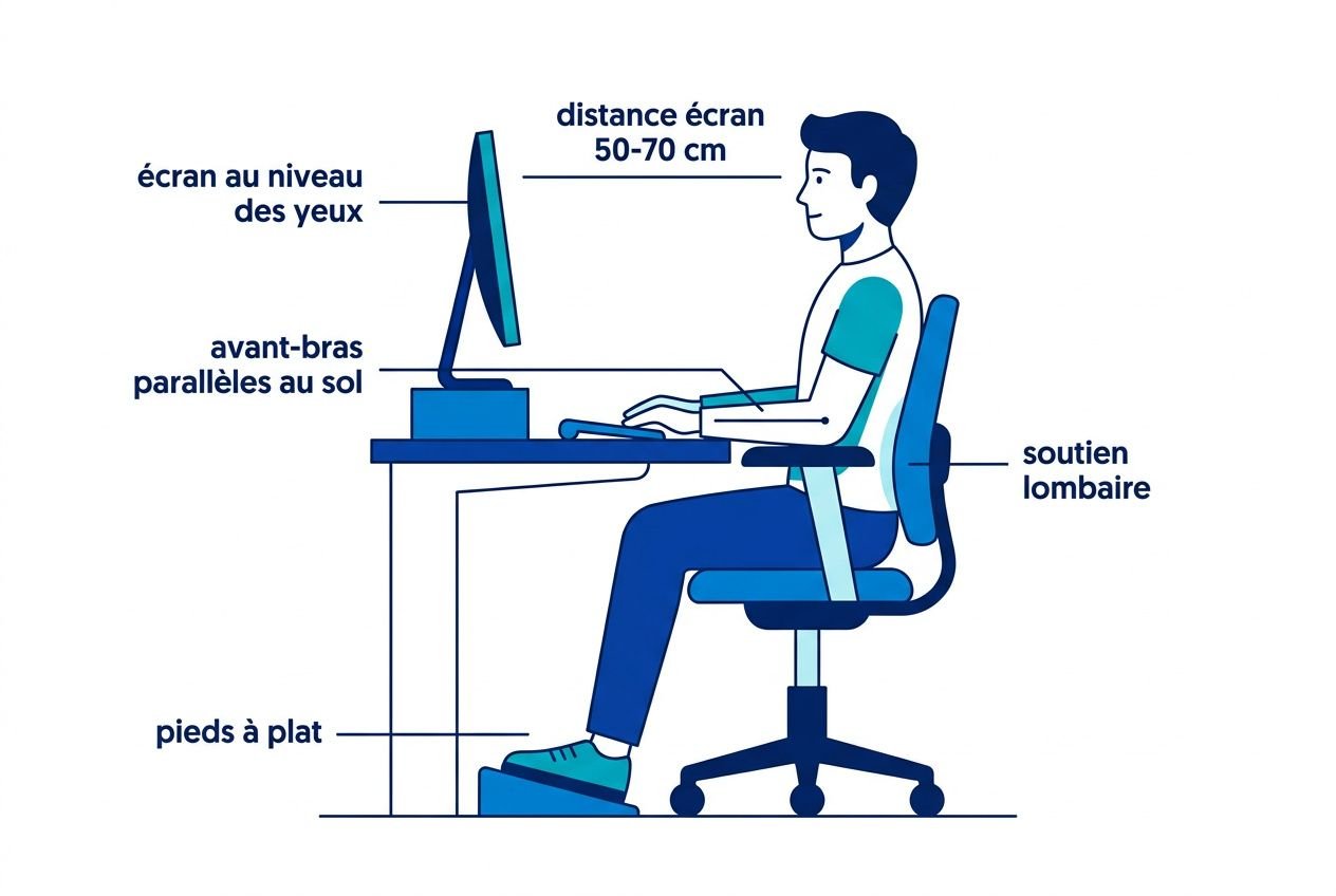 Schéma de poste en aménagement bureau individuel entreprise: utilisateur assis, écran à hauteur des yeux, distance 50-70 cm, avant-bras et pieds plats au sol, soutien lombaire et chaise à roulettes.
