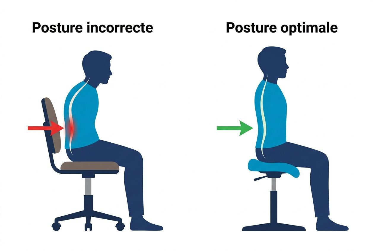 Siège assis-debout ergonomique: comparaison entre une posture incorrecte et une posture optimale sur chaise ergonomique.