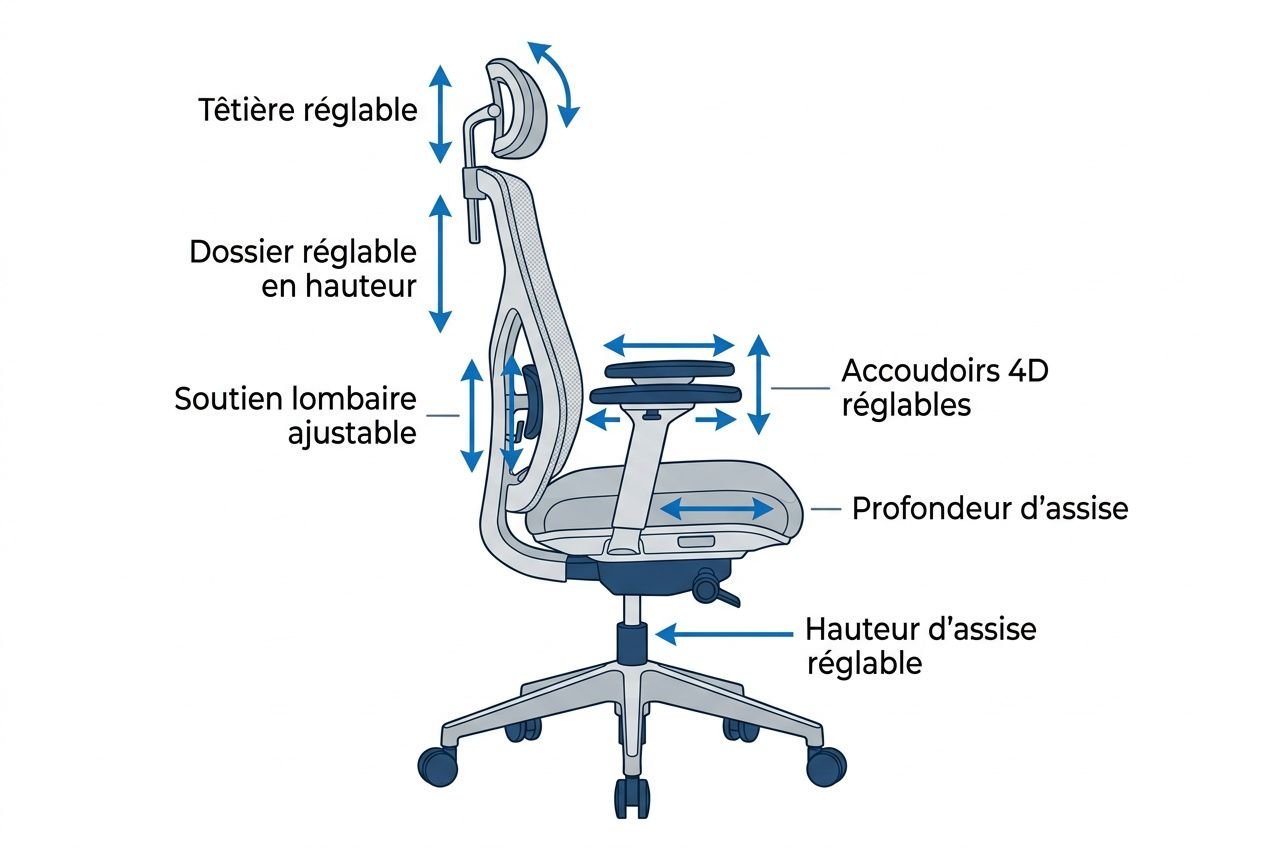 Siège ergonomique mal de dos: fauteuil de bureau avec soutien lombaire ajustable, accoudoirs 4D et dossier/ressorts réglables pour soulager les douleurs.