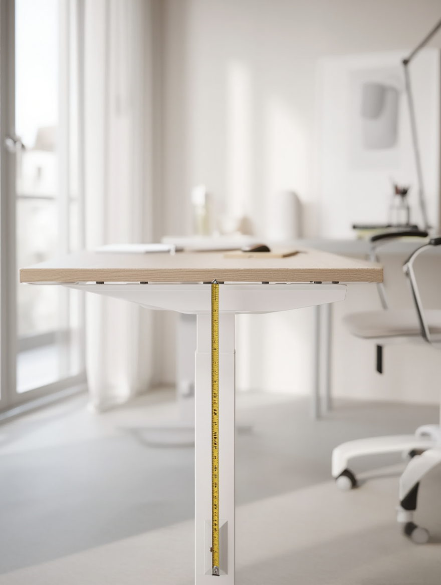 Table à hauteur réglable mesurant les dimensions standards bureau, montrant la hauteur en partie avec mètre ruban sur un bureau lumineux.
