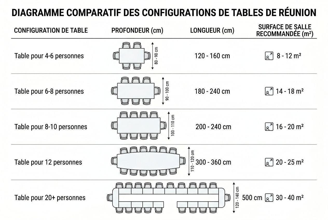 Tableau comparatif montrant les configurations de tables de réunion, avec dimensions de profondeur et longueur, et surface recommandée.