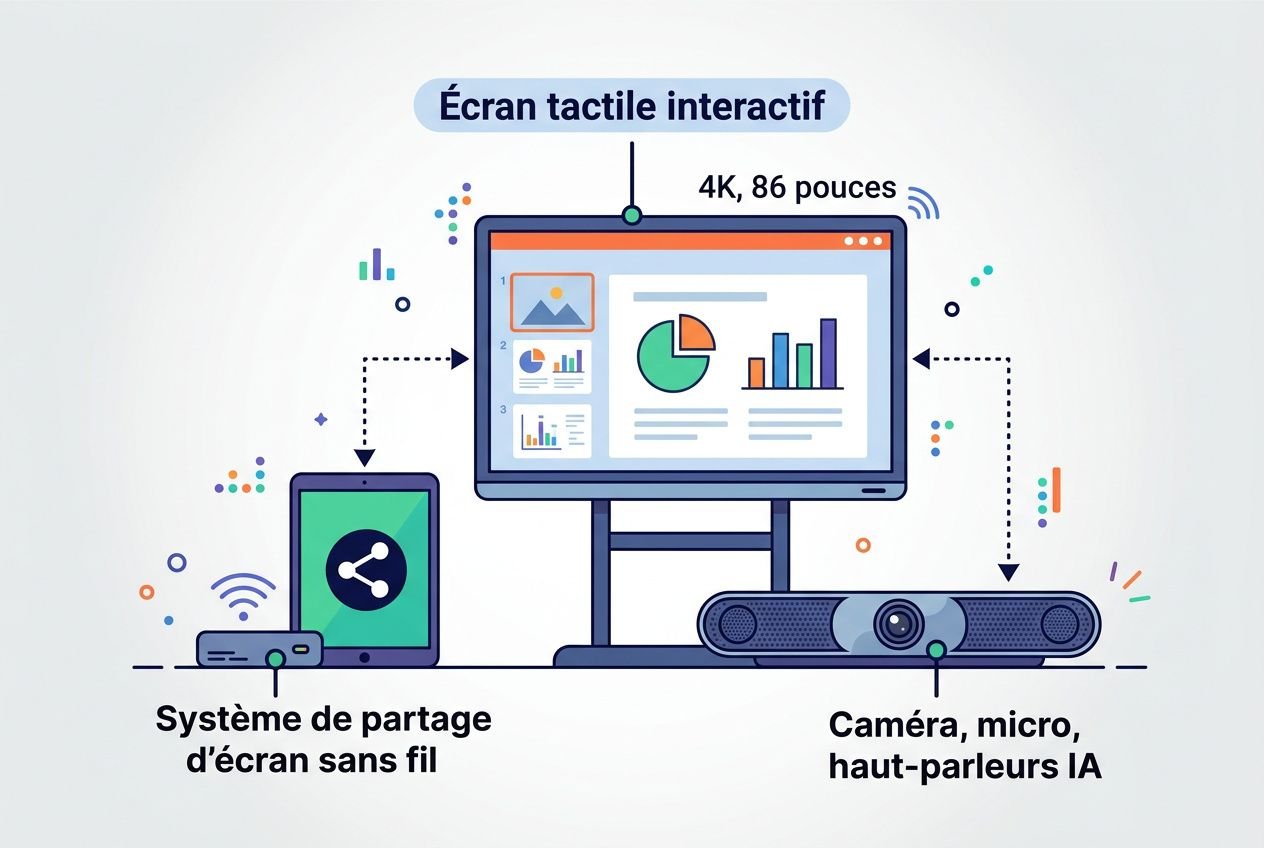 Tableau et périphériques montrant un écran tactile interactif connecté à un système de partage sans fil et à une barre de caméra/haut-parleurs IA. Équipé salle de réunion professionnelle.