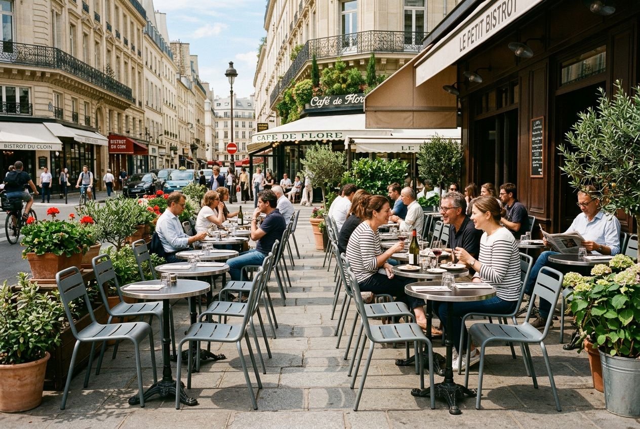 Terrasse de café avec mobilier restaurant professionnel : tables et chaises modernes alignées, ambiance animée en rue pavée.