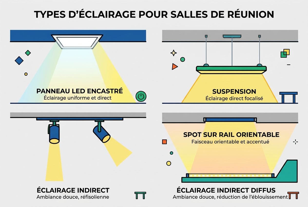 Types d’éclairage pour salles de réunion: illustration montrant panneau LED encastré, suspension, éclairage indirect et spot orientable pour optimiser l’éclairage. luminaire salle de réunion conseils.