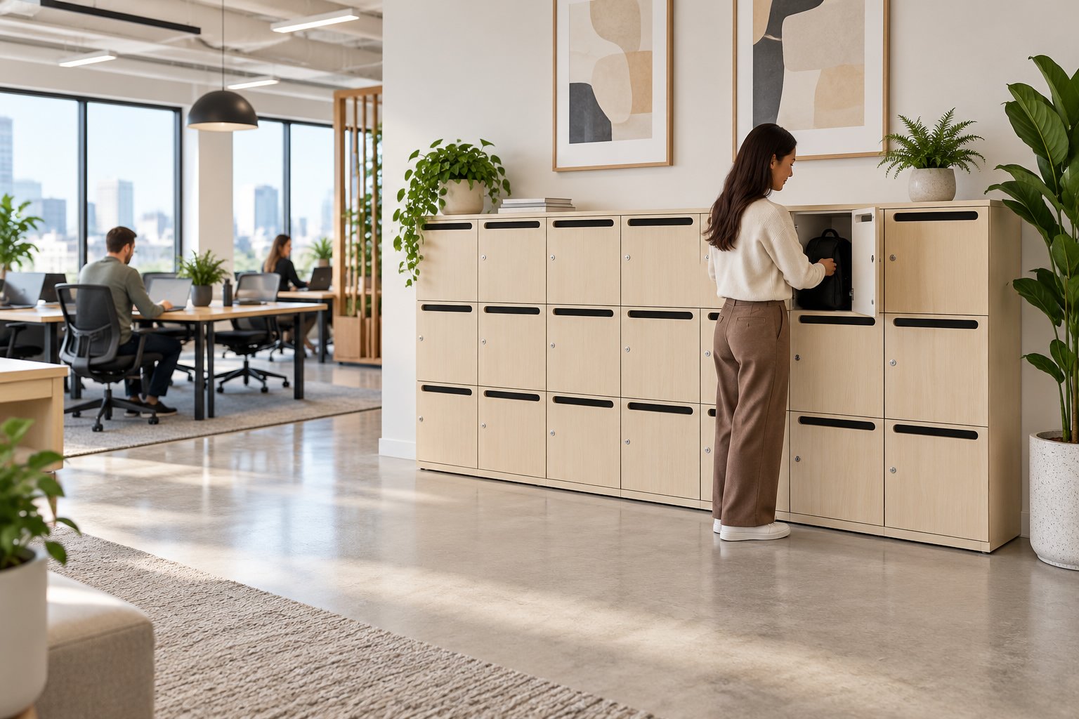 Utilisatrice déposant un objet dans une casier mural en milieu de bureau.