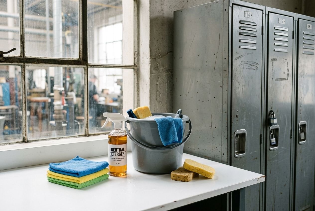 Vestiaire métallique professionnel à droite et table de nettoyage avec produits, éponges et chiffons; boîte à outils et spray nettoyant « Neutral Detergent » prête pour entretenir et nettoyer les casiers métalliques professionnels.