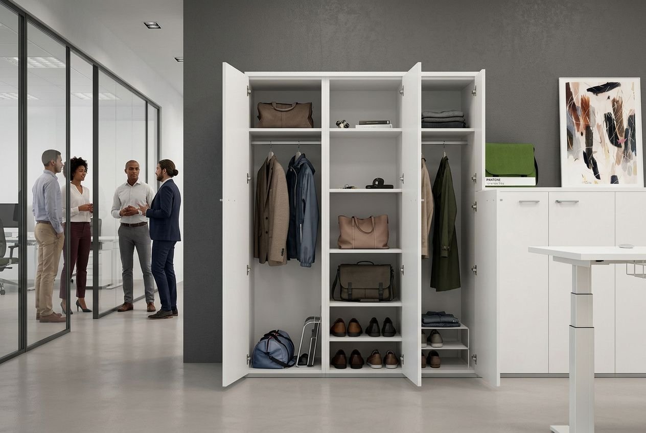 Vestiaires modernes ouverts avec rangement et rangements chaussures, prêt à discuter des vestiaires et s’ils sont obligatoires en entreprise.