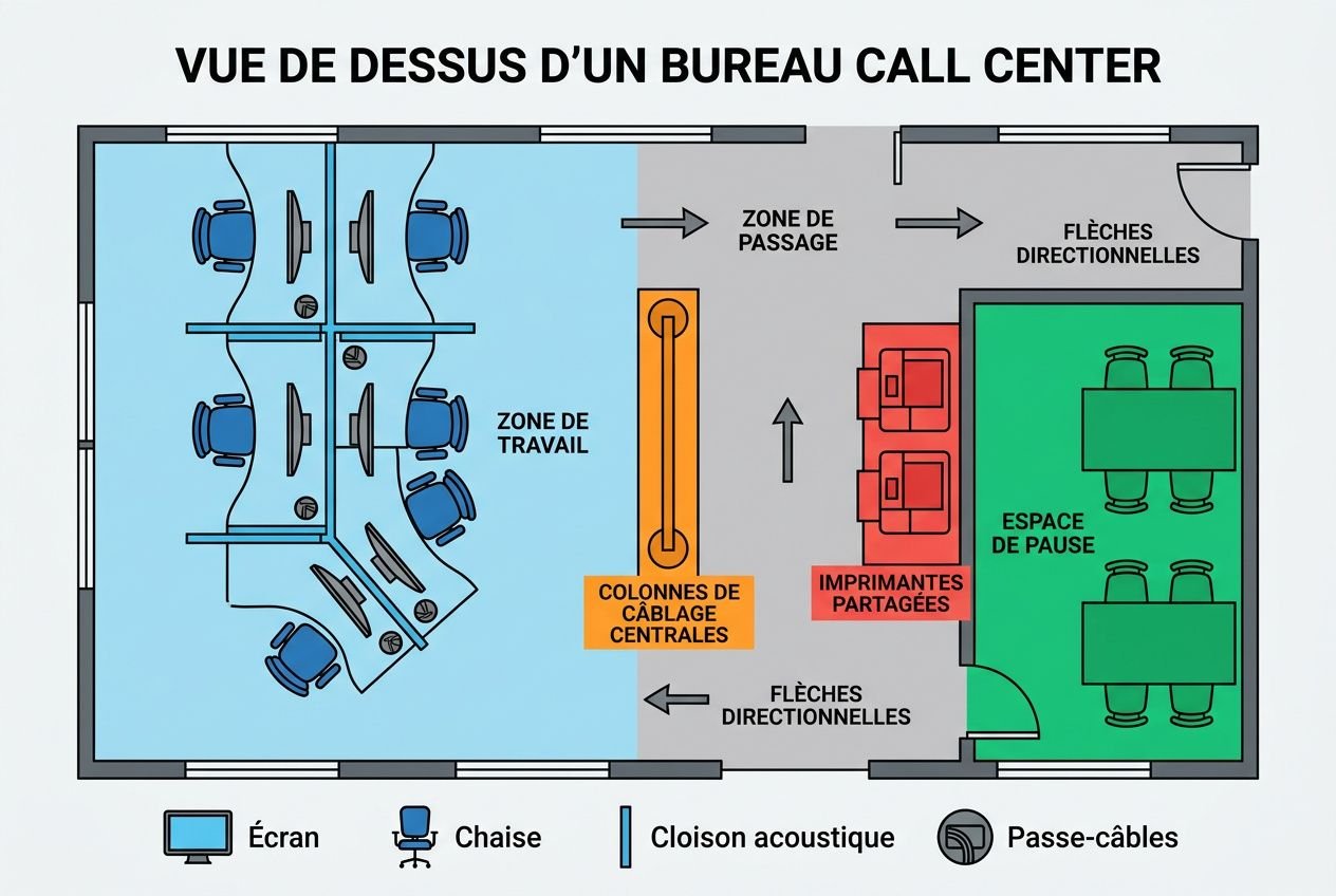 Vue d’ensemble d’un bureau call center: postes en zone de travail avec cloisons acoustiques, espace de pause, imprimantes et câblage centralisés. Aménagement call center professionnel.