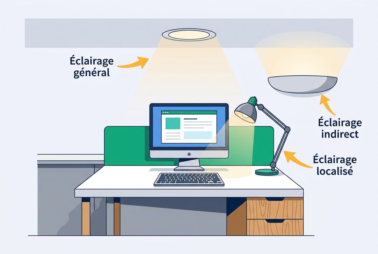Vue d’un bureau avec éclairage varié: lumière générale au plafond, éclairage indirect et éclairage localisé par une lampe de bureau près de l’écran. Proche du poste, un éclairage ciblé éclaire le plan de travail. Inclut un ordinateur, bureau et tiroirs. luminaires bureau professionnel