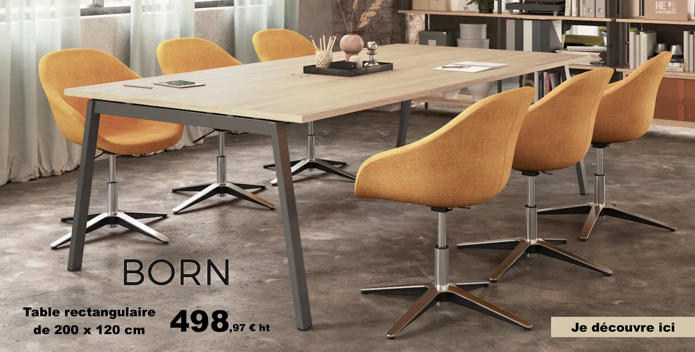 Table rectangulaire Born 200 x 120 cm avec six chaises orange, décor bureau moderne et fond industriel. Prix 498 €. Je découvre ici. Super Promo !
