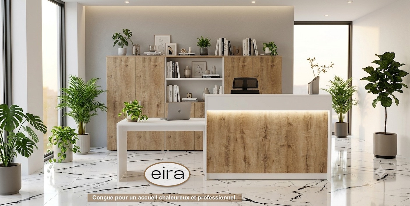Banque d'accueil lumineuse avec meuble de bureau Eira, comptoir avec PMR, lustre décoratif, plantes et fauteuil, ambiance professionnelle.
